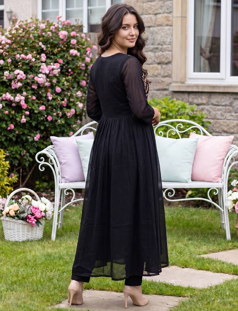 Black embroidered pure cotton kurta trouser dupatta set