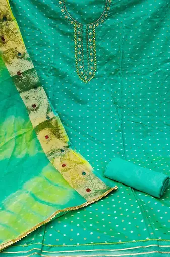 Green & Gold-Toned Unstitched Dress Material
