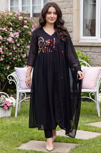 Black embroidered pure cotton kurta trouser dupatta set