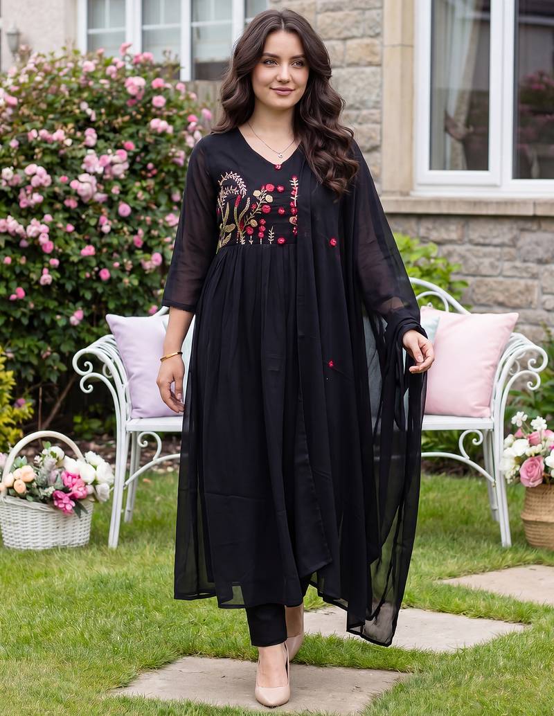 Black embroidered pure cotton kurta trouser dupatta set