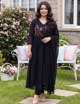 Black embroidered pure cotton kurta trouser dupatta set 4