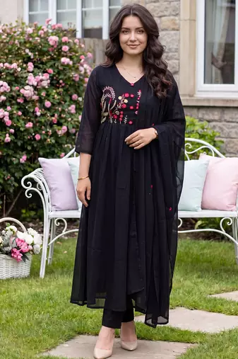 Black embroidered pure cotton kurta trouser dupatta set