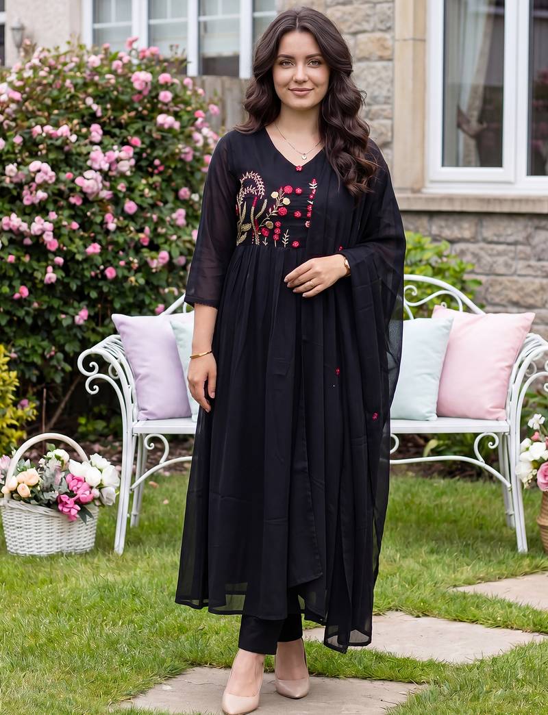 Black embroidered pure cotton kurta trouser dupatta set