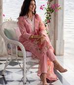 Pink embroidered linen kurta trouser dupatta set