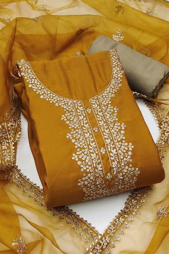 Floral Embroidered Sequinned Pure Cotton Semi-Stitched Dress Material