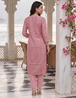 Pink embroidered linen kurta trouser dupatta set 2