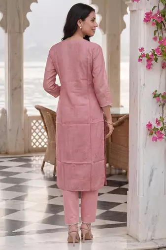 Pink embroidered linen kurta trouser dupatta set