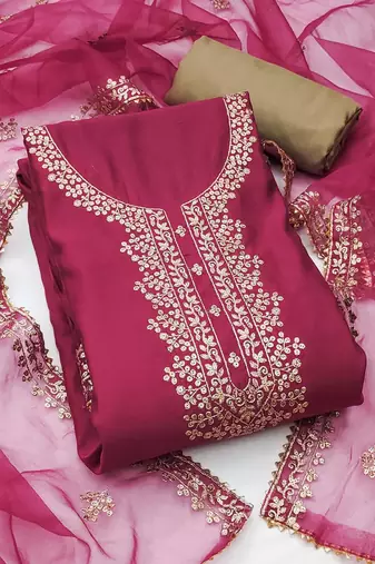 Floral Embroidered Sequinned Pure Cotton Semi-Stitched Dress Material