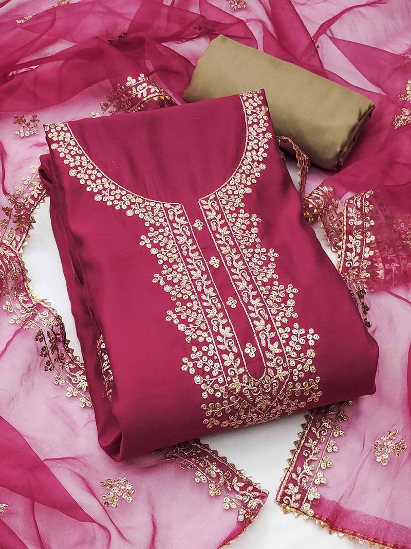 Floral Embroidered Sequinned Pure Cotton Semi-Stitched Dress Material