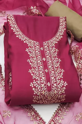 Floral Embroidered Sequinned Pure Cotton Semi-Stitched Dress Material