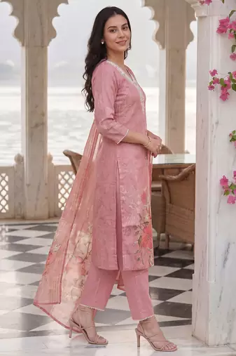 Pink embroidered linen kurta trouser dupatta set