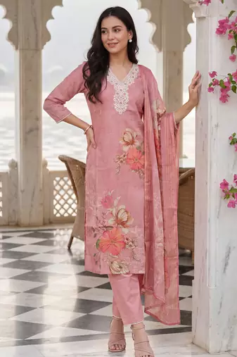 Pink embroidered linen kurta trouser dupatta set