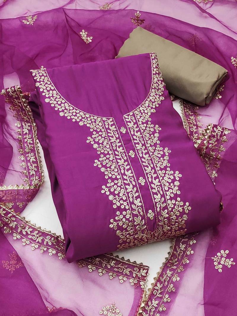 Floral Embroidered Sequinned Pure Cotton Semi-Stitched Dress Material