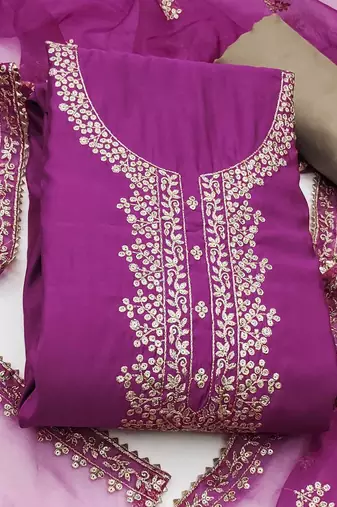 Floral Embroidered Sequinned Pure Cotton Semi-Stitched Dress Material