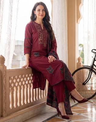 Maroon printed pure cotton kurta trouser dupatta set 1