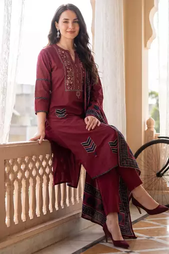Maroon printed pure cotton kurta trouser dupatta set
