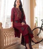 Maroon printed pure cotton kurta trouser dupatta set