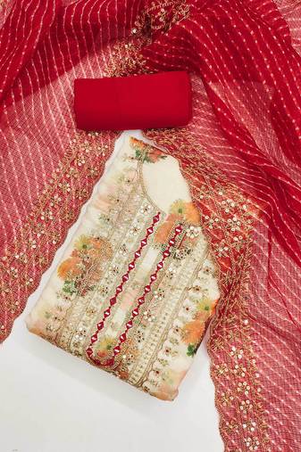 Floral Digital Printed Mirror Work Chanderi Silk Unstitched Dress Material