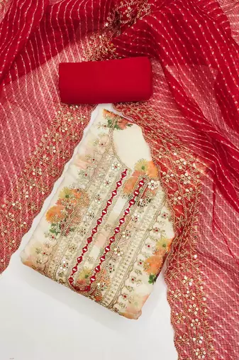Floral Digital Printed Mirror Work Chanderi Silk Unstitched Dress Material