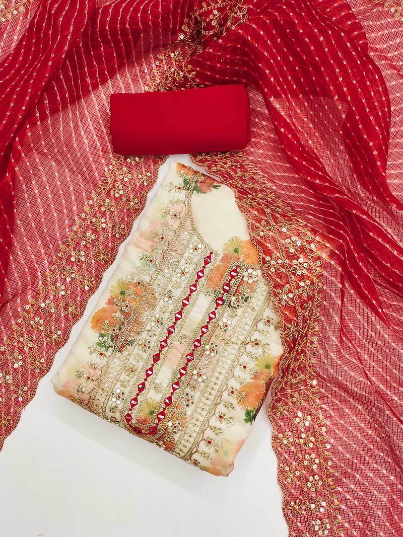 Floral Digital Printed Mirror Work Chanderi Silk Unstitched Dress Material