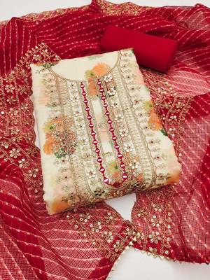 floral digital printed mirror work chanderi silk unstitched dress material 2