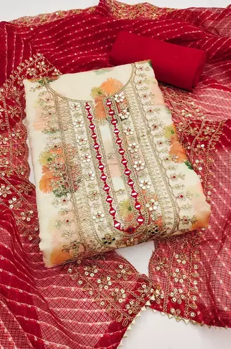 Floral Digital Printed Mirror Work Chanderi Silk Unstitched Dress Material