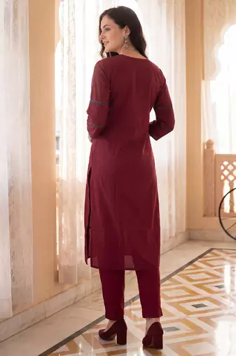 Maroon printed pure cotton kurta trouser dupatta set