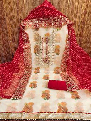 floral digital printed mirror work chanderi silk unstitched dress material 3