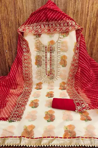 Floral Digital Printed Mirror Work Chanderi Silk Unstitched Dress Material