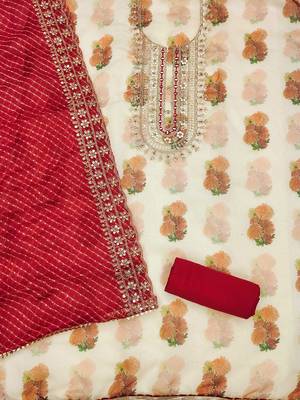 floral digital printed mirror work chanderi silk unstitched dress material 4