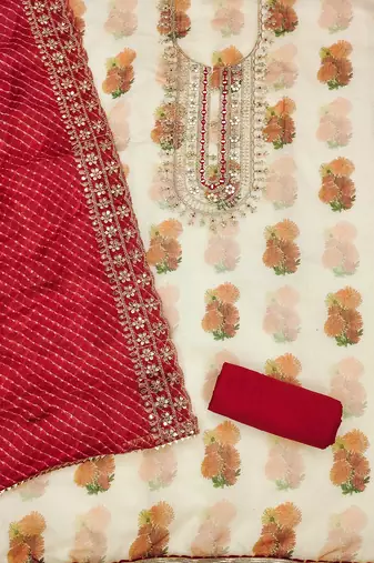 Floral Digital Printed Mirror Work Chanderi Silk Unstitched Dress Material