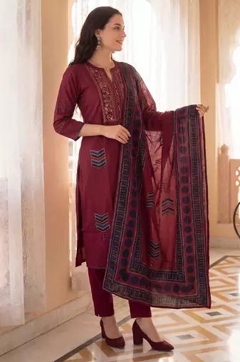 Maroon printed pure cotton kurta trouser dupatta set