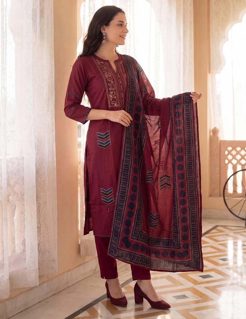 Maroon printed pure cotton kurta trouser dupatta set