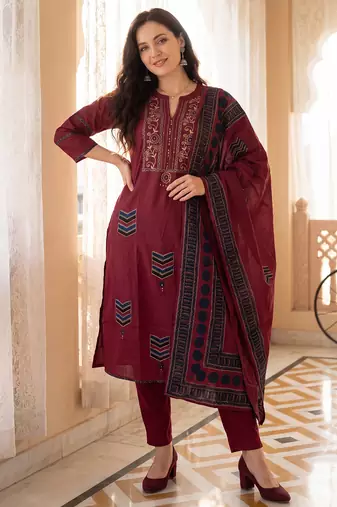 Maroon printed pure cotton kurta trouser dupatta set