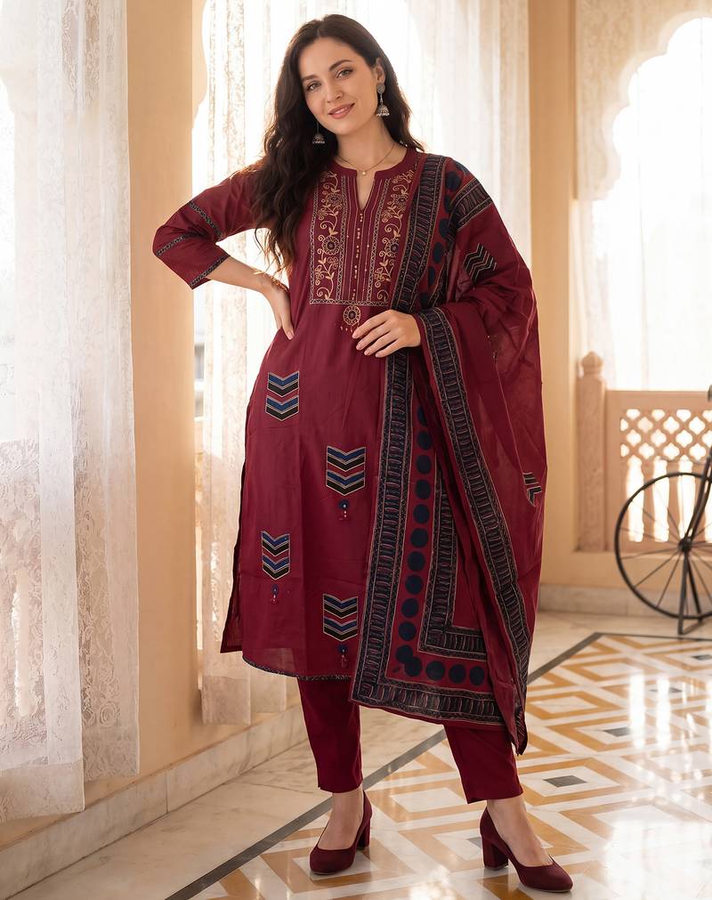 Maroon printed pure cotton kurta trouser dupatta set