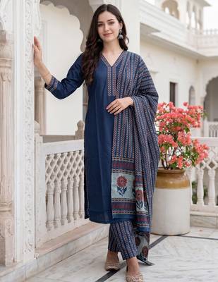 Blue printed pure cotton kurta trouser dupatta set 1