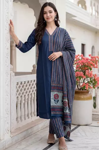 Blue printed pure cotton kurta trouser dupatta set