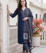 Blue printed pure cotton kurta trouser dupatta set