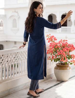 Blue printed pure cotton kurta trouser dupatta set 2