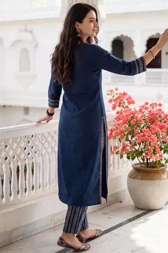 Blue printed pure cotton kurta trouser dupatta set