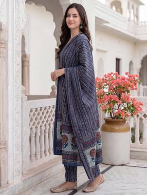 Blue printed pure cotton kurta trouser dupatta set 3
