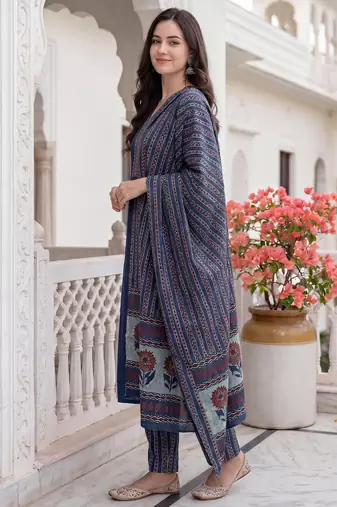 Blue printed pure cotton kurta trouser dupatta set