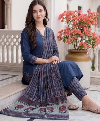 Blue printed pure cotton kurta trouser dupatta set 4