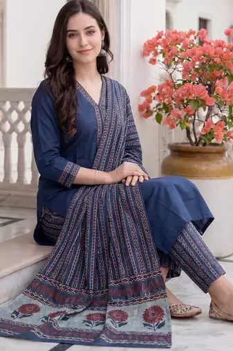 Blue printed pure cotton kurta trouser dupatta set