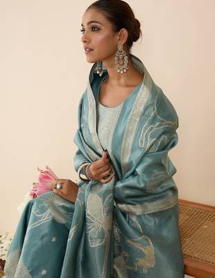 Blue woven design silk blend kurta trouser dupatta set 1