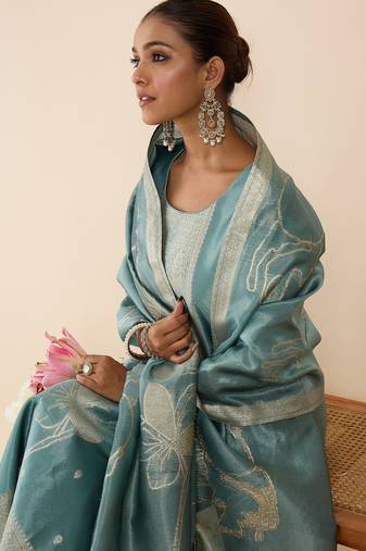 Blue woven design silk blend kurta trouser dupatta set