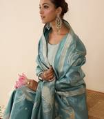 Blue woven design silk blend kurta trouser dupatta set