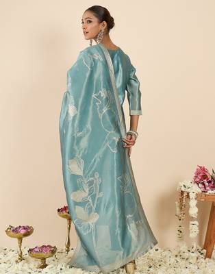 Blue woven design silk blend kurta trouser dupatta set 2