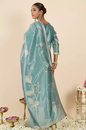 Blue woven design silk blend kurta trouser dupatta set