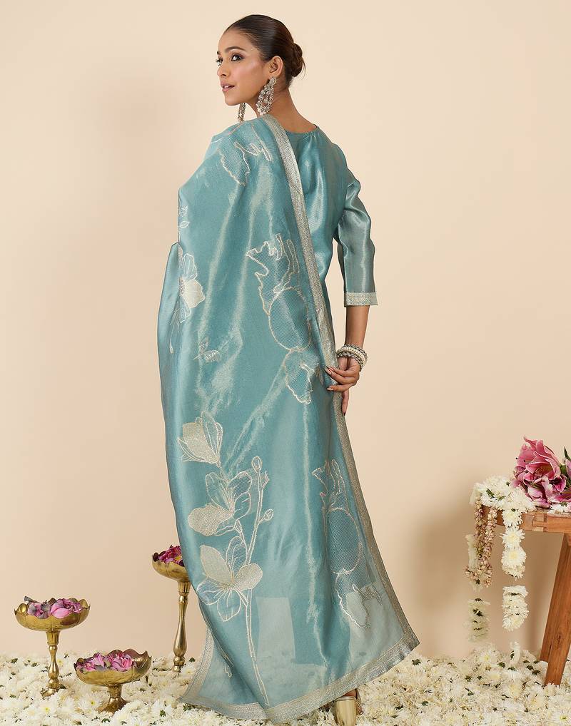 Blue woven design silk blend kurta trouser dupatta set